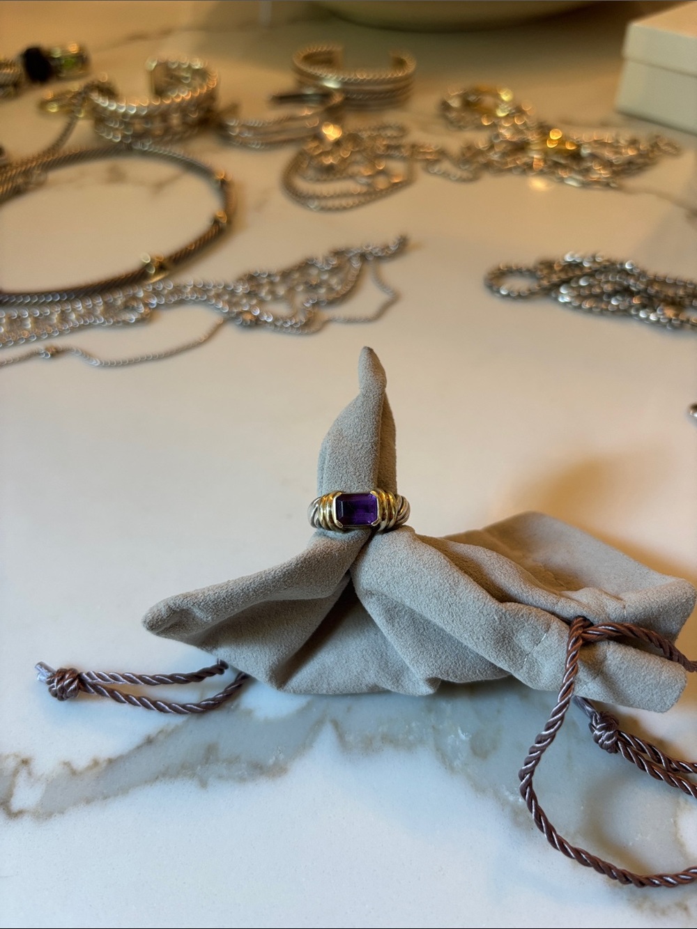 David Yurman Gold and Amethyst Cable-Style Ring